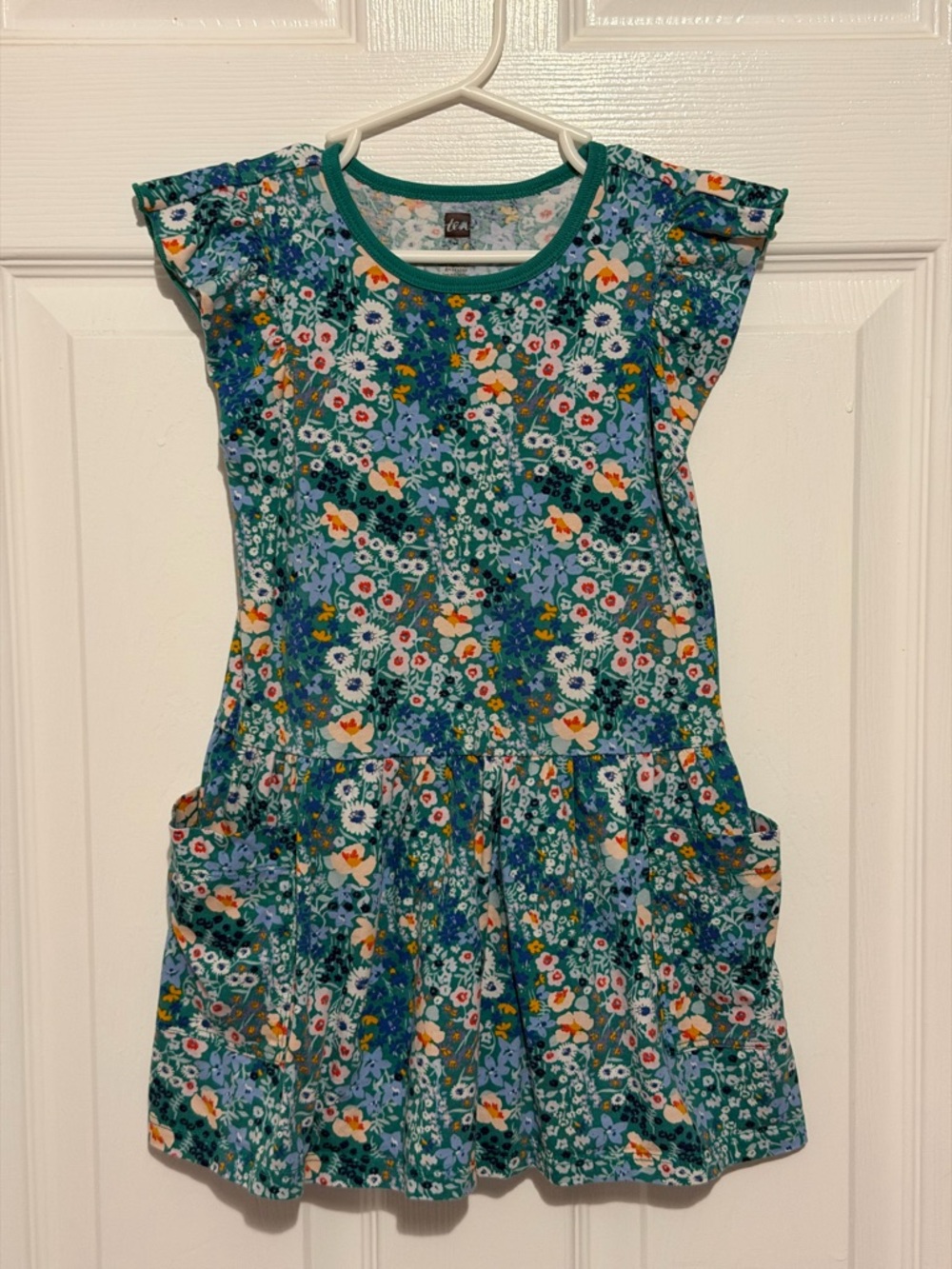 Tea Collection Teal Floral Pocket Dress with Orange Accents
